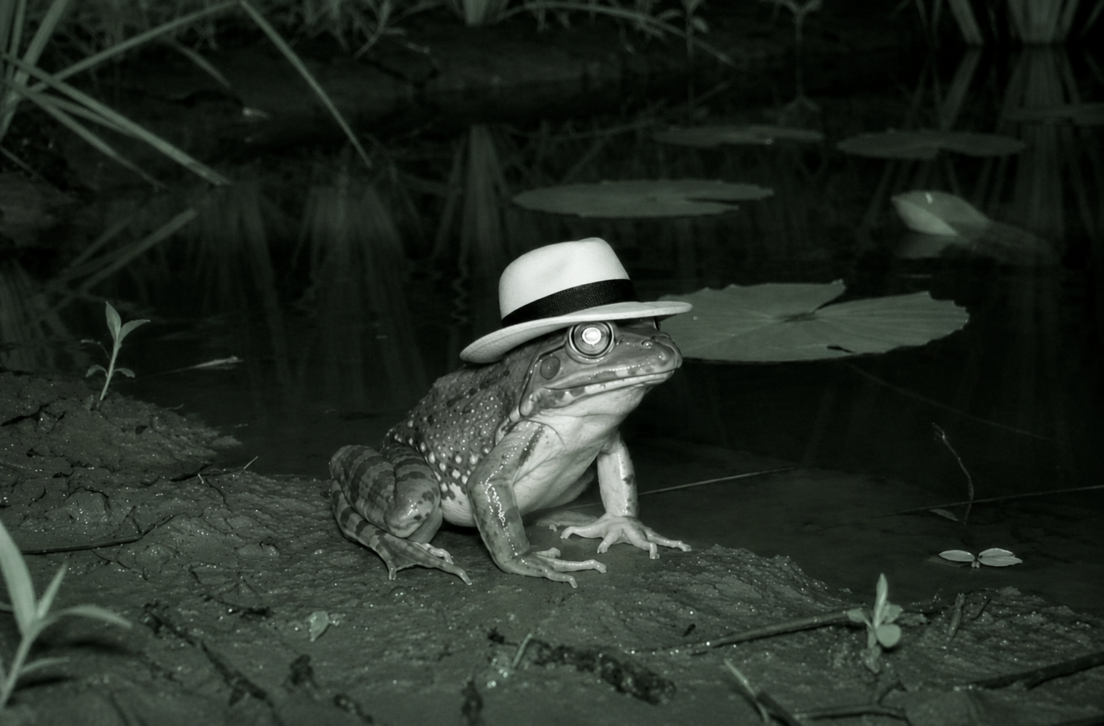 The frog, wearing his hat, at the edge of the pond